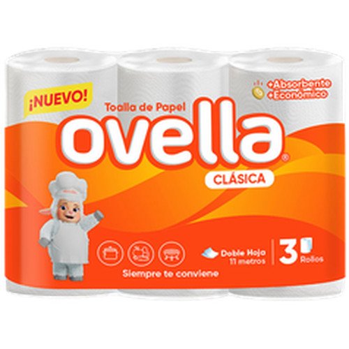 TOALLA PAPEL DOBLE HOJA OVELLA 8X3ROLLOS 11 MTS